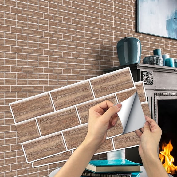 6 Piece Tiles Stickers Wall Decals Brown Wood Grain 11.8x5.9inch Self Adhesive Waterproof Vinyl Peel and Stick Backsplash Brick Wallpaper