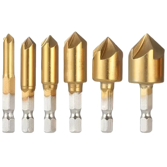 6-Piece Titanium Drill Bit Set 5 Flute Countersink Bits with 1/4" Hex Shank for Woodworking Pilot Hole Boring Screws Precise Chamfering Hardware Tools, Gold