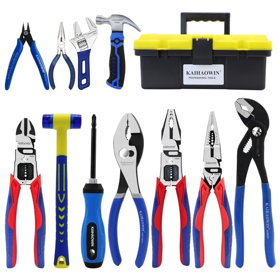 6-Piece Tool Set with Case, 8.8” Long Nose, Slip Joint Pliers,5” Needle Nose, 5" Flush Cutter, Rubber Mallet for Repairing & Home Use