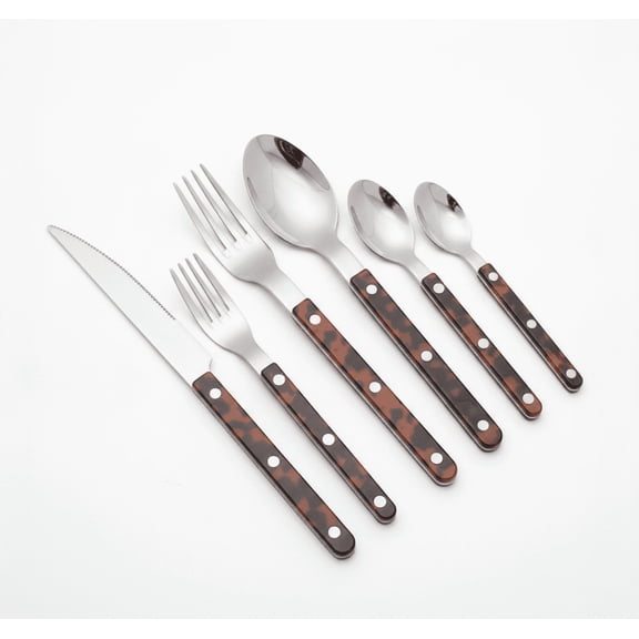 6-Piece Tortoise-Style Handle Flatware Set, Stainless Steel Knife Fork Spoon Cutlery for Kitchen, Dining and Entertaining