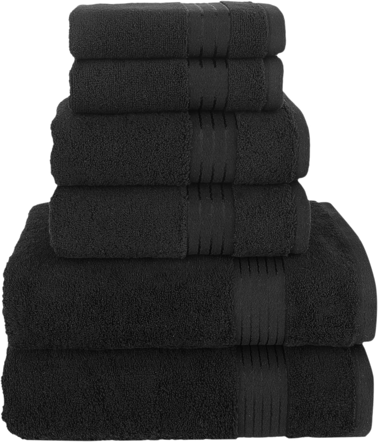 6-Piece Cotton Towel Set, Includes 2 Bath Towels, 2 Hand Towels, and 2 Washcloths, Highly Absorbent, Black