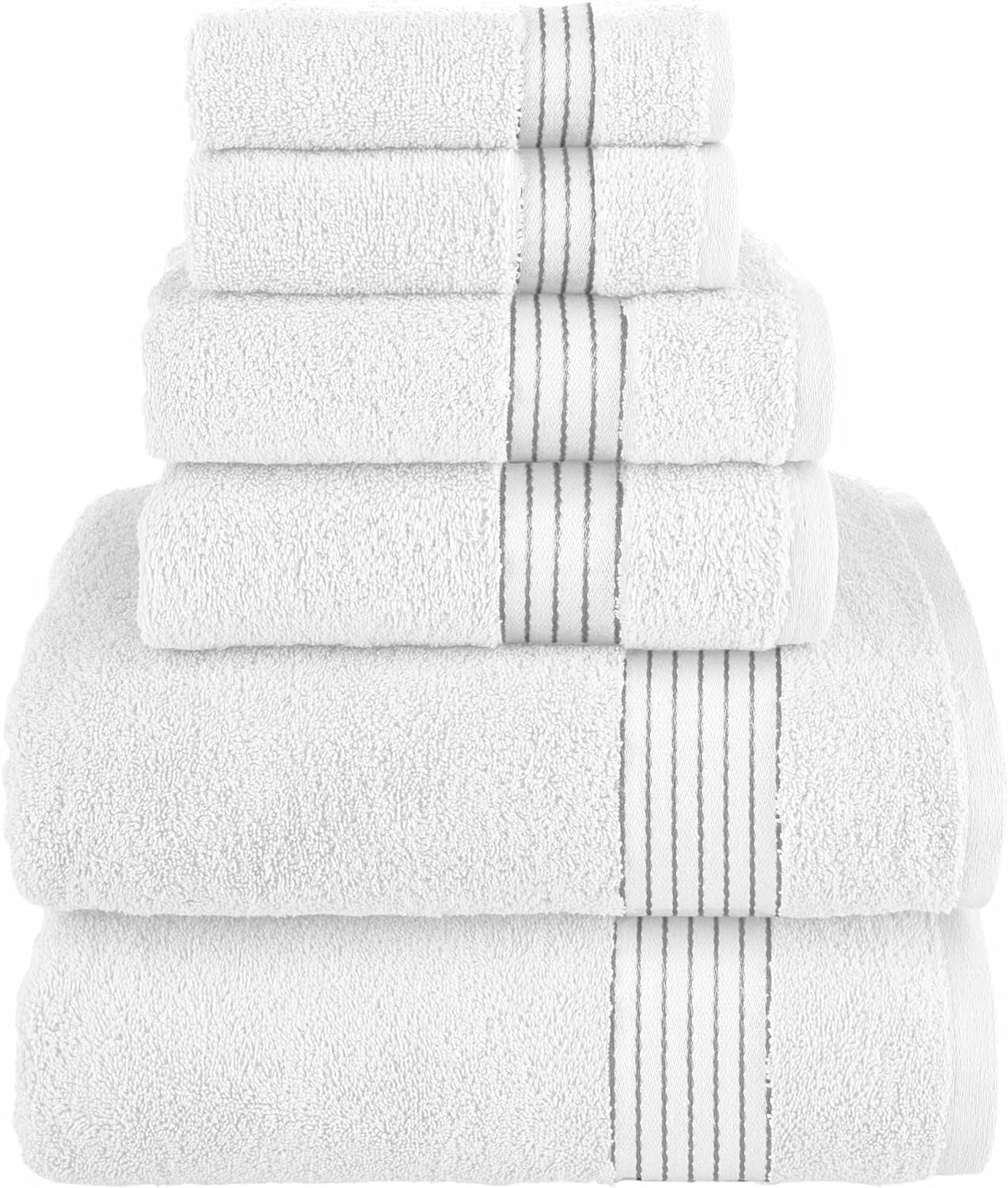 6 Piece Towel Set, 100% Turkish Cotton Soft Absorbent Towels for Bathroom, 2 Bath Towels 2 Hand Towels 2 Washcloths, White/Gray