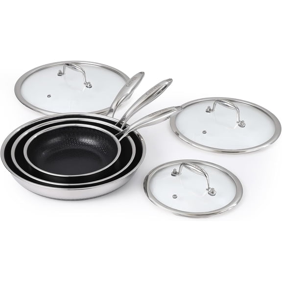 6-Piece Tri-Ply Steel Nonstick Fry Pan Set,8,10,12 Inch Frying Pans with Tempered Glass Lids,Stay-Cool Handles, Dishwasher Safe, Works on All Stovetops (Induction, Gas, Electric)