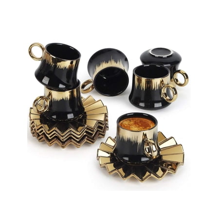 6-Piece Turkish Coffee Cup Set - 3.5oz Ceramic Espresso Cups With Gold-Plated Rim & Saucers | Ottoman-Style Black & Gold Design In Gift Box (Perfect For Turkish Coffee & Espresso)Christmas Gifts