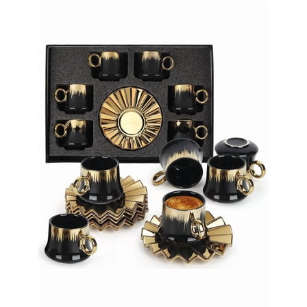 6-Piece Turkish Coffee Cup Set - 3.5oz Ceramic Espresso Cups With Gold-Plated Rims & Saucers - Ottoman-Style Gold Design In Gift Box