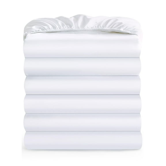 Bulk Twin Fitted Sheets Set of 6, High-Quality Brushed Microfiber Fabric, Deep Pocket Fits Up to 15-Inch Mattress, Multi-Use Home Office, White