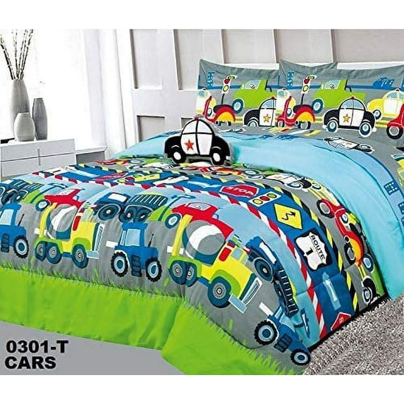 6 Piece Twin Kids Boys Comforter Set Bed in Bag w/Shams,Sheet set & Decorative Toy Pillow, Cars Trucks Police Planes Print Blue Green Boys Kids Comforter Bedding Set w/Sheets, Twin 6pc Cars
