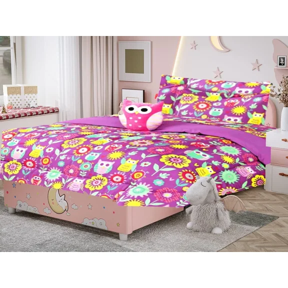 6-Piece Twin Owl Purple Bedding Comforter and Sheet Set for Teens