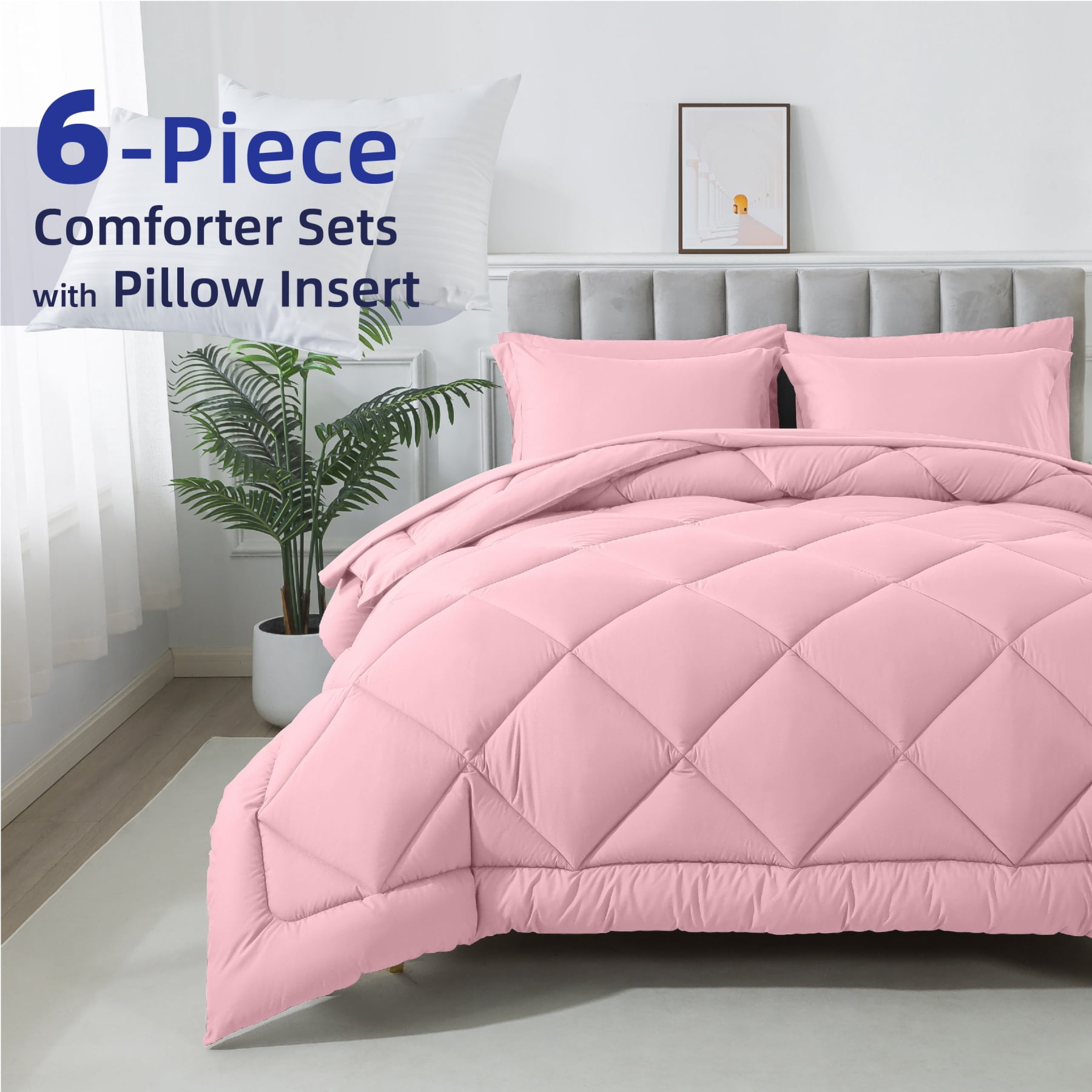 6-Piece Twin Size Down Alternative Comforter Set Pink | Pillow Included | Ultra Soft, Hypoallergenic Bed in a Bag, All-Season Bedding Set by KINMEROOM