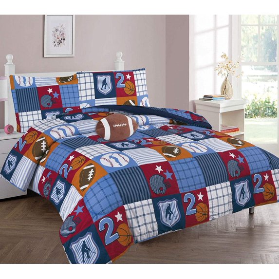 6 Piece Twin Size Kids Boys Teens Comforter Set Bed in Bag w/Sham, Sheet Set and Decorative Toy Pillow, Patchwork Sports Blue Boys Comforter Bedding Set w/Sheets, Twin 6pc Patch Sport
