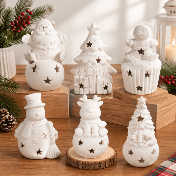 6-Piece Unfinished Ceramic Christmas Figurine Craft Kit, 5 Inch Tall