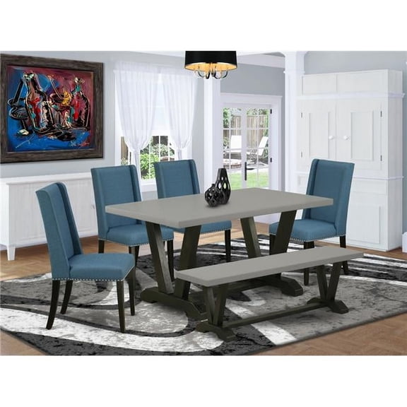 6 Piece V-Style Beautiful Modern Dining Table Set - Wire Brushed Black