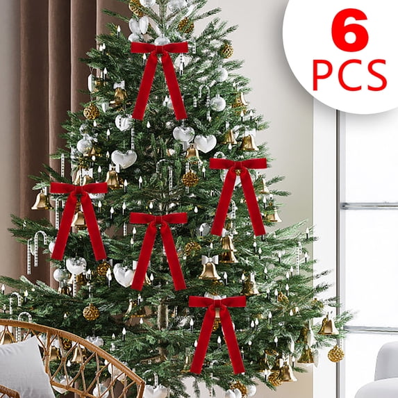6-Piece Velvet Christmas Tree Bow Decoration Set, Luxurious Soft Bows for Wreath and Tree Decorating, Easy to Attach Design for Holiday Home Decor and Gift Embellishment (Red)