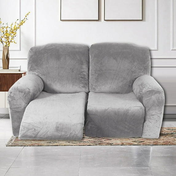6-Piece Velvet Recliner Sofa Cover 2 Seater Loveseat Slipcover, Non-Slip Stretch Couch Furniture Protector, Silver Grey