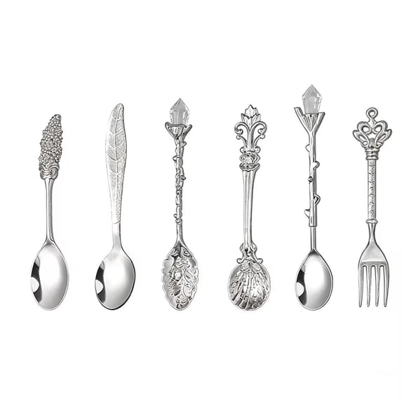 6-Piece Vintage Carved Coffee Spoon Set - Zinc Alloy Leaf Design Spoons with Crystal Tops, European Court Style Dessert/Ice Cream/Jelly Spoons for Home & Party Use