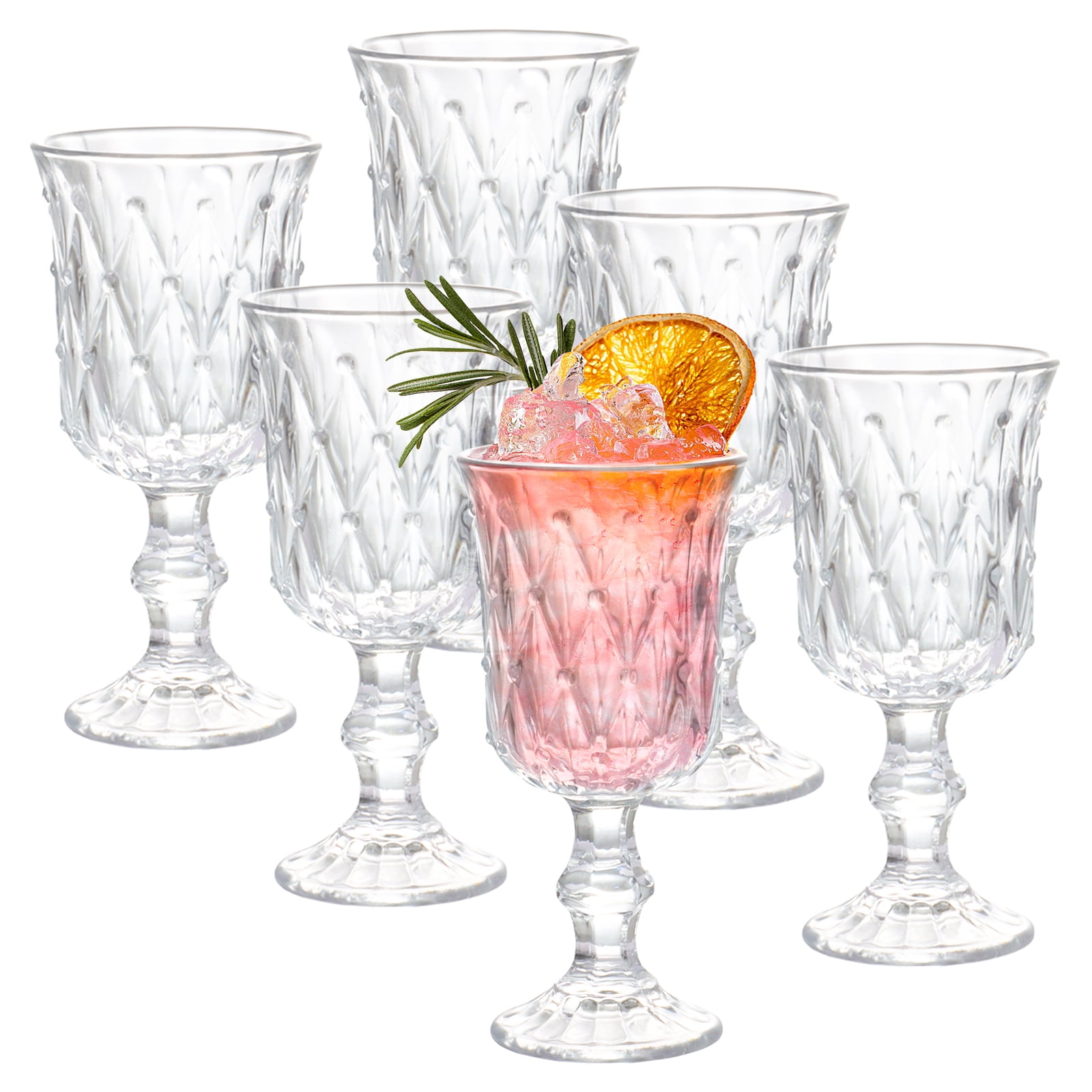 6-Piece Vintage Diamond Pattern Glass Dessert Cups, 7oz/210ml Stemmed Wine Glasses Set, Elegant European Style Drinkware for Home Bar, Party & Holiday Decor