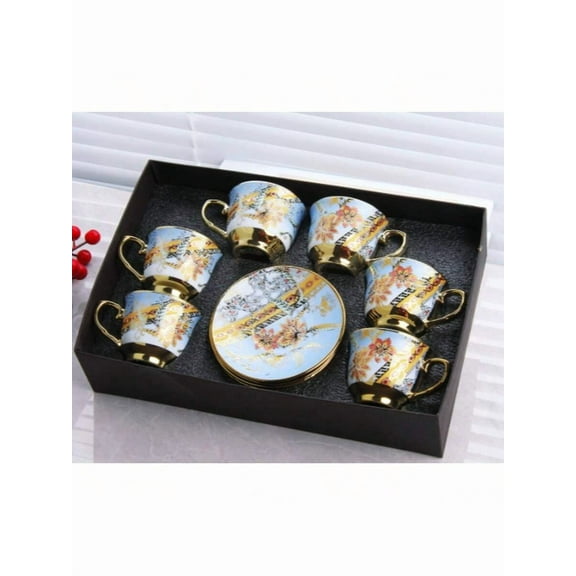 6-Piece Vintage Floral Tea Cup Set With Saucers, Blue Porcelain Espresso Cups For Coffee & Afternoon Tea Party, Elegant Gift For Women, Mothers Day Gifts