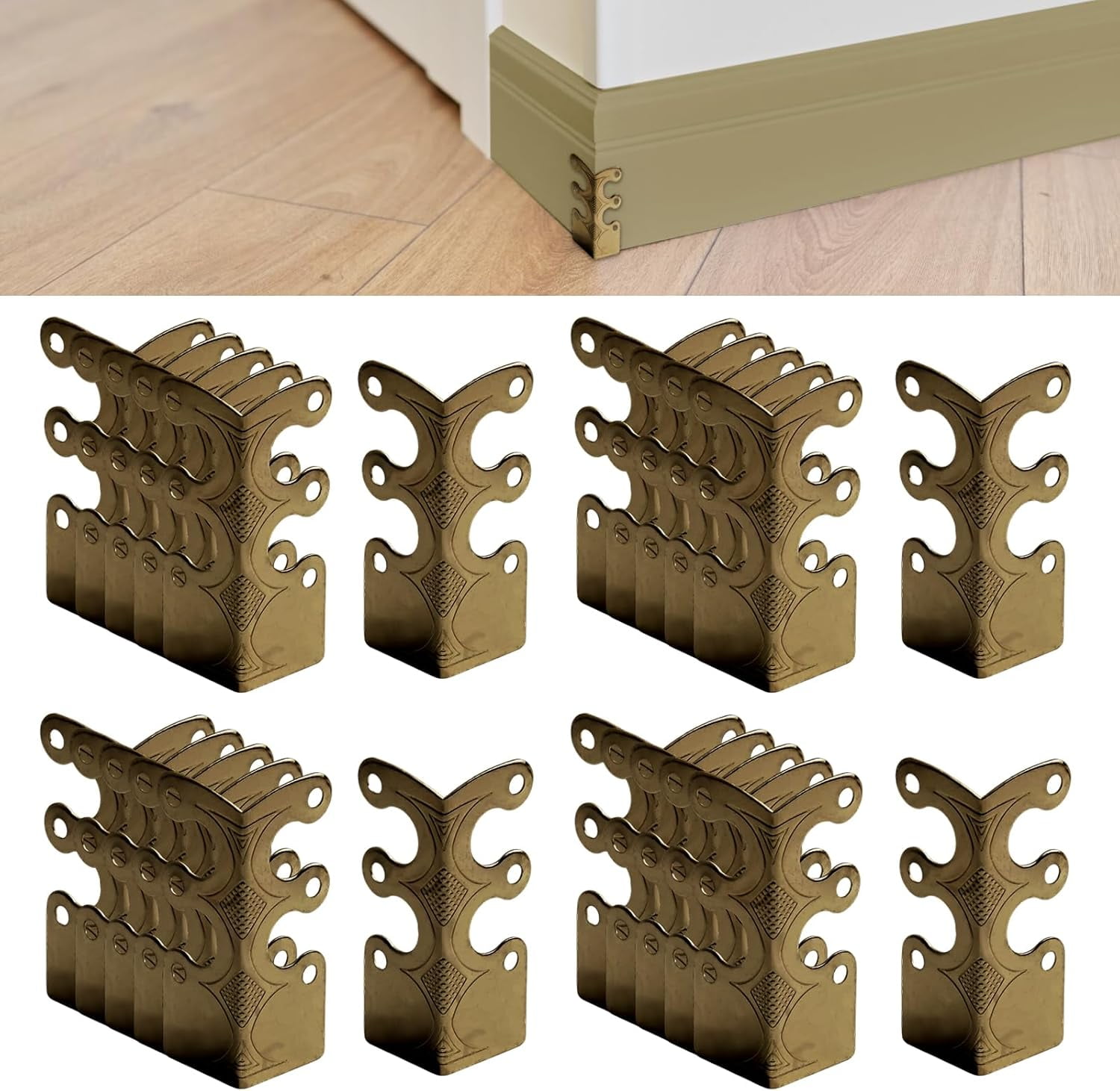 6-Piece Vintage Metal Baseboard Corner Protectors, Rustic Baseboard Guard Set in Antique Bronze for Home Office Skirting Board Protection and Decoration
