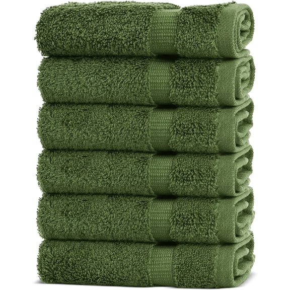 6 Piece Washcloth Set, 100% Cotton Turkish Washcloths for Bathroom, Luxury Soft Absorbent Face Towels, 13 x 13 Inches, Moss