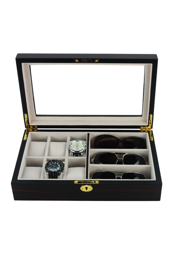 6 Piece Watch Box and 3 Piece Glasses Storage Ebony Wood Jewelry and Eyeglass Display Case Organizer Collector Box