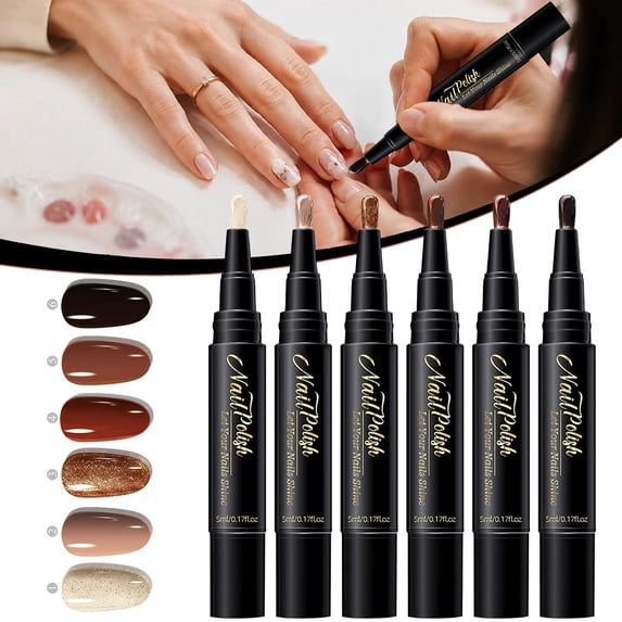 6-Piece Water-Based Nail Polish Pen Set, Quick-Dry Nail Art Pens with Fine Brush Tip, No UV LED Lamp, 5 ml DIY Manicure Kit