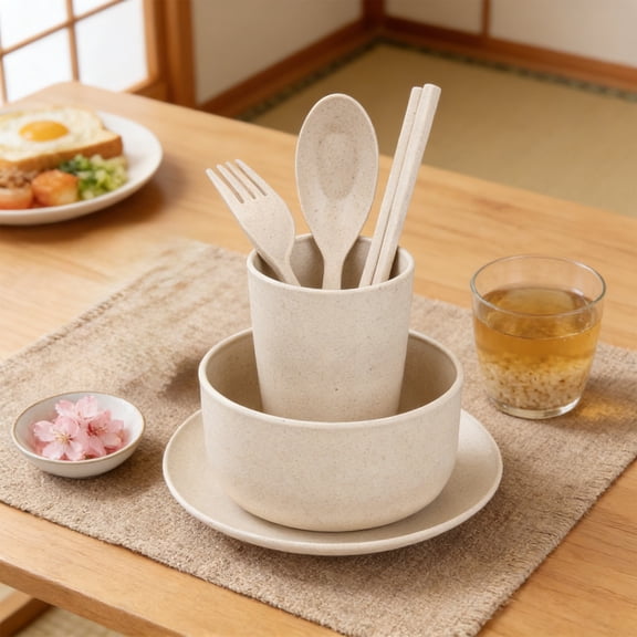 6-Piece Wheat Straw Dinnerware Set, Dinnerware Sets - Reusable Plates and Bowls Sets, Dishwasher Safe Portable Cutlery Set for Home Picnic Camping Office Gift