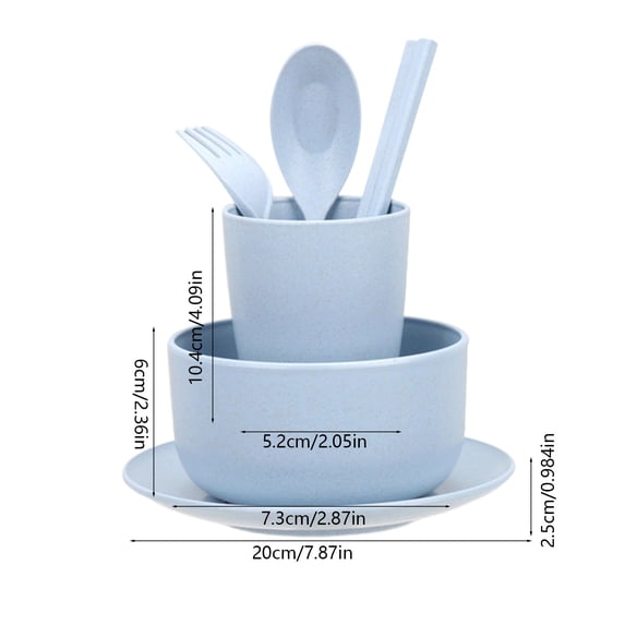 6-Piece Wheat Straw Tableware Set, Eco-Friendly BPA-Free Unbreakable Dinnerware Set with Bowl, Plate, Cup & Cutlery for Home, Picnic & Travel, Blue