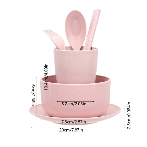 6-Piece Wheat Straw Tableware Set, Eco-Friendly BPA-Free Unbreakable Dinnerware Set with Bowl, Plate, Cup & Cutlery for Home, Picnic & Travel, Pink