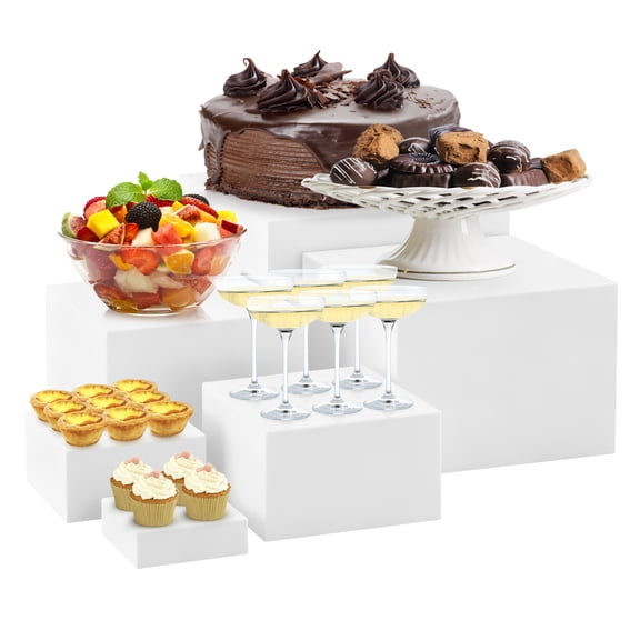 6-Piece White Acrylic Buffet Risers Set - Nesting Cube Food Display Stands - Stackable Multi-Size Dessert, Cupcake & Catering Table Risers - Hollow Bottom Storage, White 5/6/6.8/7/7.5/8 inch