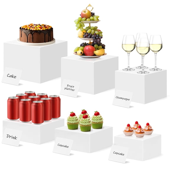 6-Piece White Acrylic Display Risers Set, Buffet & Dessert Stands for Party Food, Multi-Sized (8" to 5"), Stackable & Nestable, Includes 6 Erasable Signs & Markers
