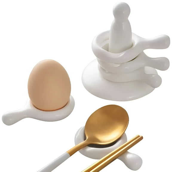 6-Piece White Bone China Soup Spoon & Egg Holder Ring Chopstick Rest Set - Durable Premium Tableware, Modern Family Table and Kitchen Essentials