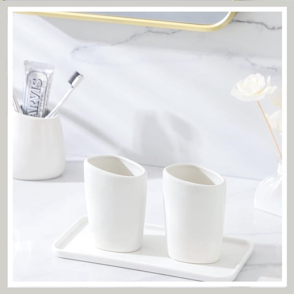 6-Piece White Ceramic Bathroom Set - Soap Dispenser, Toothbrush Holder, 2 Tumblers, Soap Dish & Vanity Tray
