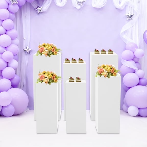 6-Piece White Display Pedestal Stands Set 31.5" Tall Iron Cube Pedestals for Weddings, Parties, Exhibitions