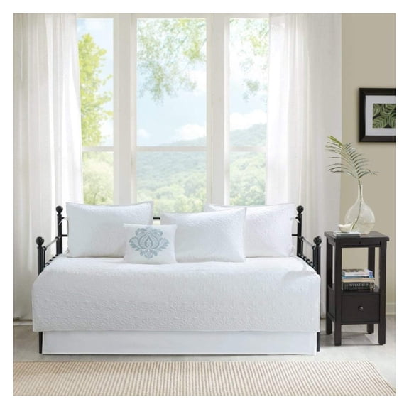 6 Piece White Floral Daybed Set Bedding, Geometric Coastal French Country Shabby Chic Motif Flower Design Pattern Day Bed Bedskirt Pillows, Polyester
