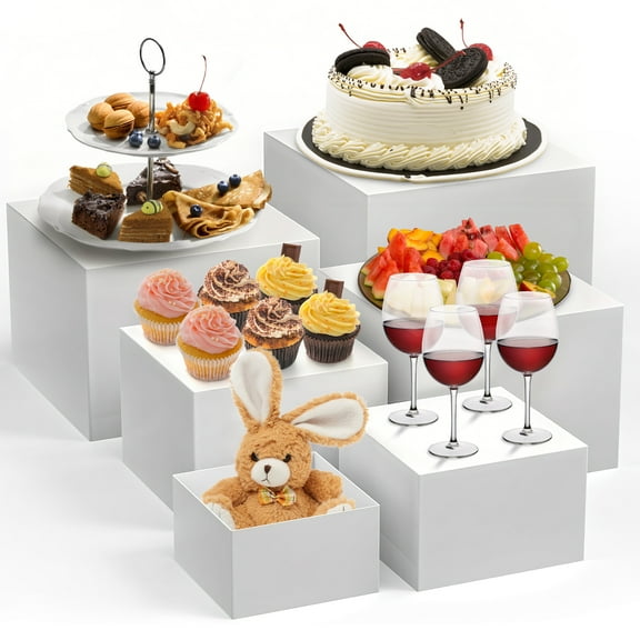 6-Piece White Plastic Buffet Risers Set, Stackable Dessert Display Stands for Catering, Wedding & Retail, Nested Food Display Pedestals with Storage Function (4.9–9.8 inch)