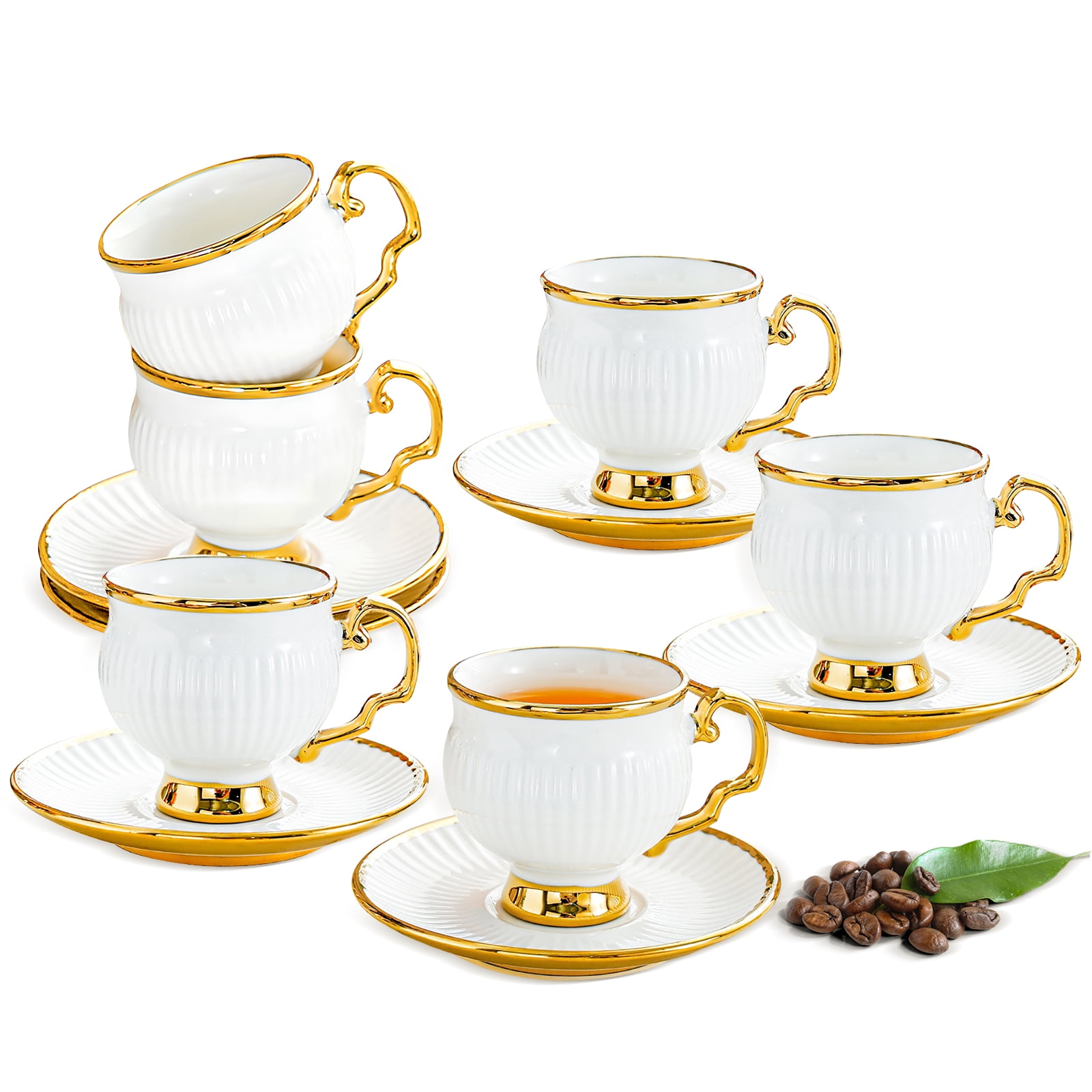 6-Piece White Porcelain Coffee Cup Set with Golden Rim 3.38 oz/100ml ...