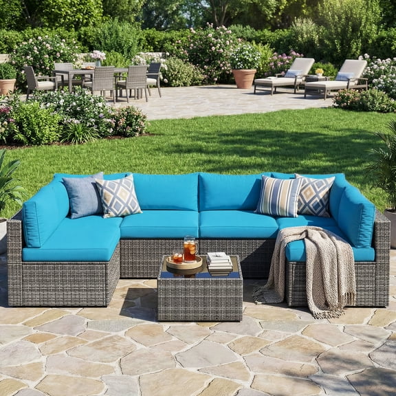6Piece Wicker Patio Furniture Set, Modular Outdoor Sectional Conversation Set with Inset Tempered Glass Top Coffee Table, Gray Rattan with Light Blue Cushion,Heynemo