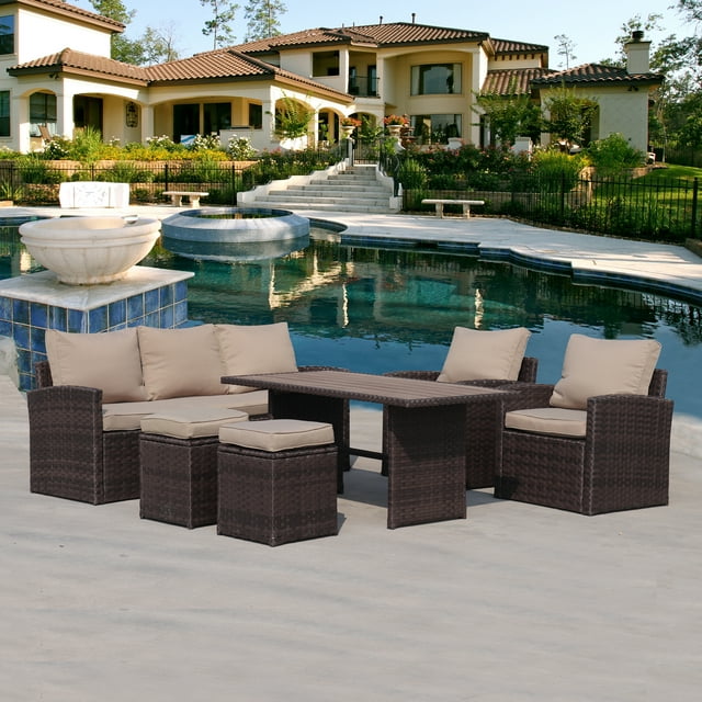 6 Piece Wicker Sectional Sofa Set, Outdoor Patio Furniture, All-Weather Rattan Garden Conversation Furniture Set, Cushioned Dining Table Set with Ottomans & Table for Patio Deck Backyard, B841