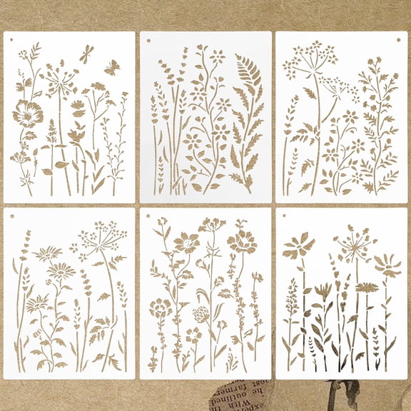 6-Piece Wildflower Stencil for Painting - Large Reusable Floral Design for DIY Furniture Decor Modular Stencil Kit for Wood, Walls & Home Art 14.5"L x 11"W