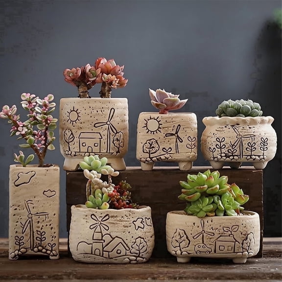 6-Piece Windmill Town Succulent Plants Mixed Shape White Clay Ceramic Flower Pot Set