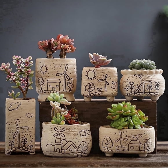 6-Piece Windmill Town Succulent Plants Mixed Shape White Clay Ceramic Flower Pot Set