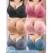 6-Piece Womens Wire-Free Smooth-Finish Back-Closure Bras Fixed Cups with Adjustable Wide Straps Solid & Contrast Colors in 6 Hues Decorative Pleats for Soft Comfort & Breathability 1 Set of 6 Colors