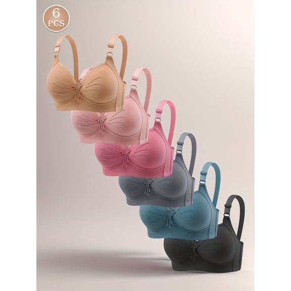6-Piece Women's Wire-Free Smooth-Finish Back-Closure Bras Fixed Cups with Adjustable Wide Straps Solid & Contrast Colors in 6 Hues Decorative Pleats for Soft Comfort & Breathability 1 Set of 6 Colors