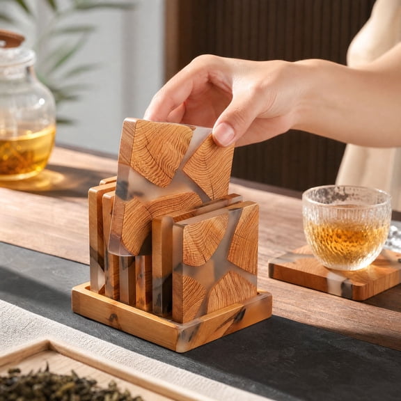 6 Piece Wood Coaster Set, Natural Cedar Coasters for Drinks, Handmade Round Cup Mats with Resin Inlay, Heat Resistant Table Protectors for Coffee Mugs and Teacups