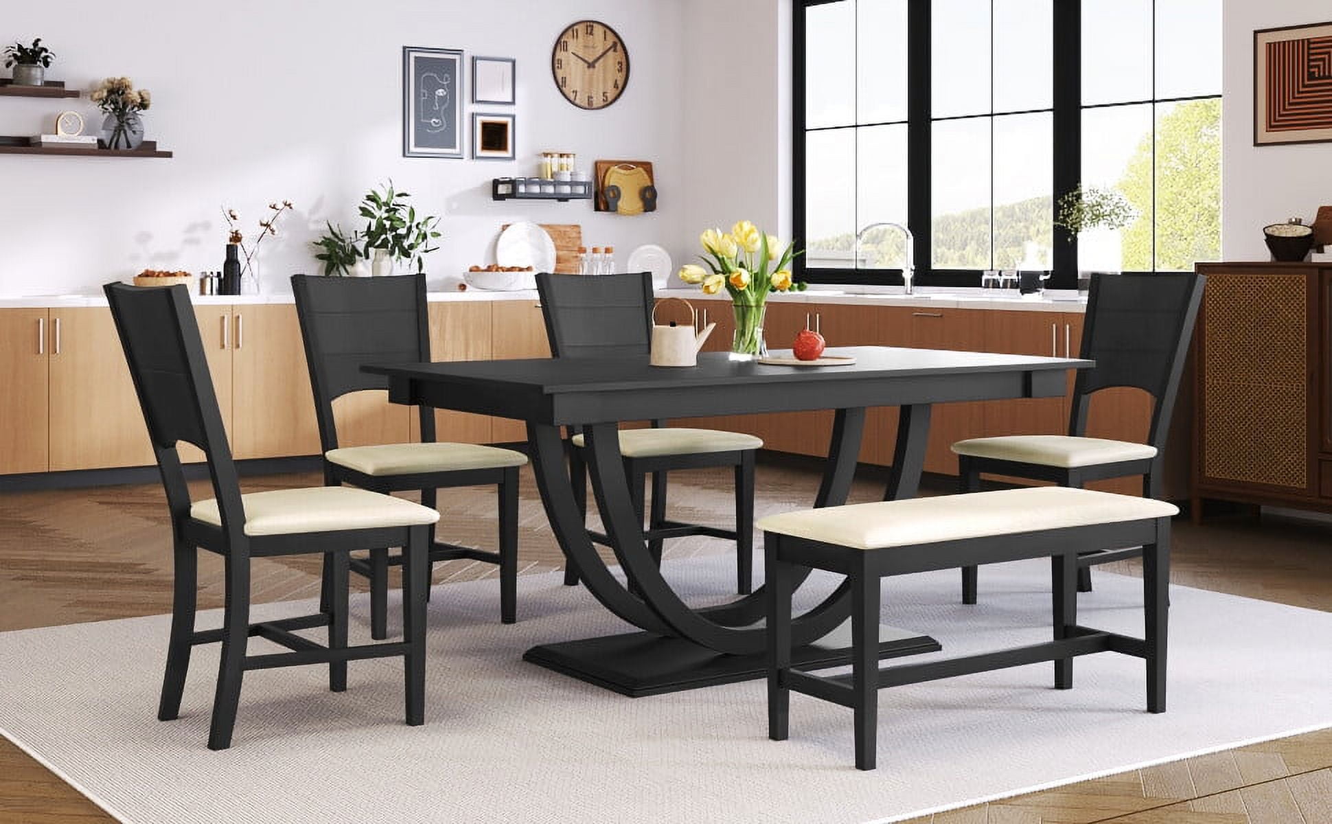 6 Piece Wood Half Round Dining Table Set Kitchen Table Set with Long Bench and 4 Dining Chairs Modern Upholstered Dining Chair Set With Arched Backrest Sturdy and Durable Easy to Care Gray