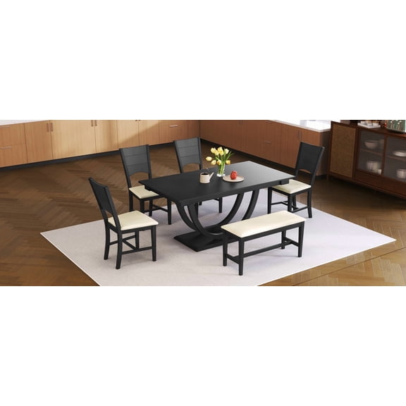 6-Piece Wood Half Round Dining Table Set Kitchen Table Set with Long Bench and 4 Dining Chairs, Modern Style, Gray