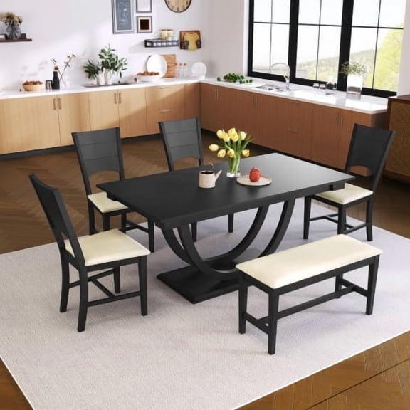 6-Piece Wood Half Round Dining Table Set, Modern Kitchen Table Set with Long Bench and 4 Chairs, Padded Seating for 6 People, Dark Gray and Beige