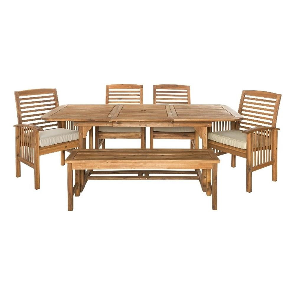 6-Piece Brown Acacia Wood Patio Dining Set with Cushions