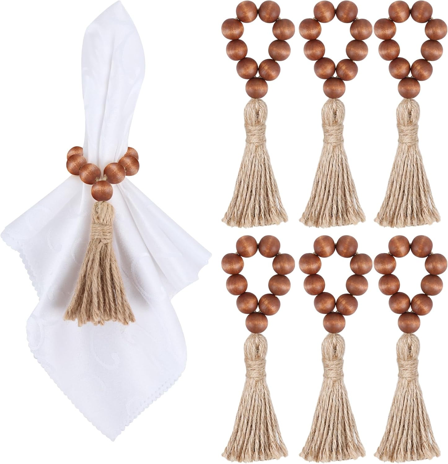 60-Pack Wood Bead Napkin Rings With Tassel - Boho Farmhouse Rustic Table Decor For Weddings & Parties