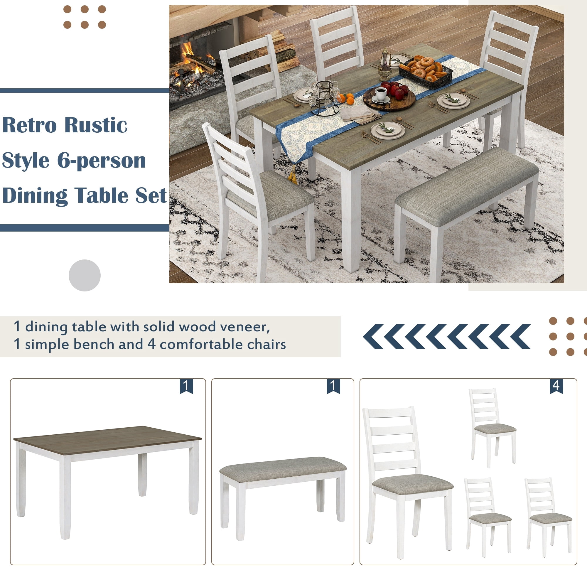 6-Piece Wooden Dining Room Table Set with 4 Upholstered Chairs & Bench ...